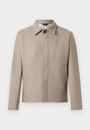 Chaqueta de mezcla de lana beige con cuello, cierre frontal con botones y dos bolsillos laterales ocultos. Diseño simple, corte recto y tejido texturizado.