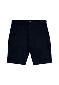 Pantaloni corti blu navy realizzati in tessuto misto cotone, caratterizzati da una vestibilità classica, tasche frontali e una chiusura con un solo bottone in vita.