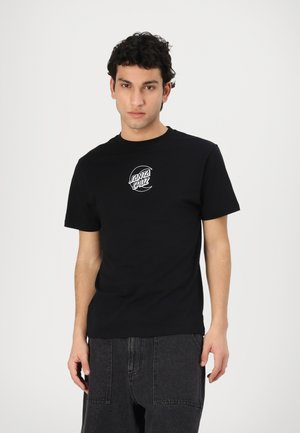 T-shirt in cotone nero con un logo bianco circolare sul petto. Maniche corte, colletto rotondo e vestibilità regolare. Design semplice senza motivi.