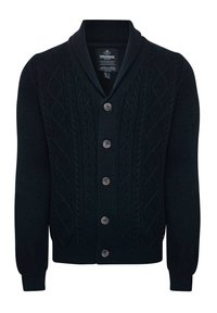 Dark green cable-knit cardigan with a shawl collar, button front, and ribbed cuffs and hem. Features textured patterns and five buttons.