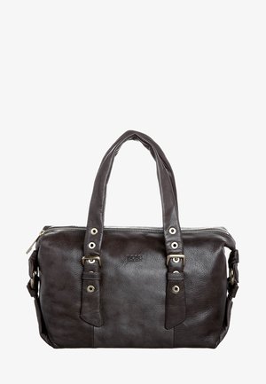 Tummanruskea nahkainen käsilaukku, jossa on kaksinkertaiset kahvat, hopeanväriset metalliosat, vetoketjullinen suljenta ja näkyvät ompelusaumat.