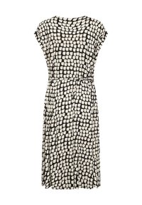 Robe à manches courtes en noir et blanc avec un motif à carreaux, taille cintrée avec une ceinture et un tissu fluide.