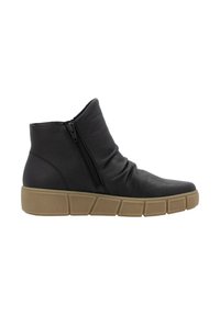 Bottes en cuir noir à la cheville avec fermeture éclair sur le côté, tige texturée, et semelle en caoutchouc beige épais avec des lignes horizontales.