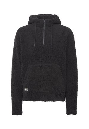 Sort fleece hættejakke med en kvart lynlås, kenguru-lomme, snoretræk til hætte og tekstureret stof. Har et lille logo på kanten.