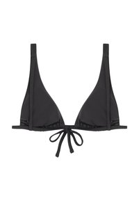 Top de bikini en forma de triángulo negro con tirantes ajustables y un cierre de lazo en el centro, fabricado con un tejido suave y un diseño elegante.