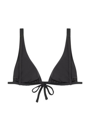 Top de bikini en forma de triángulo negro con tirantes ajustables y un cierre de lazo en el centro, fabricado con un tejido suave y un diseño elegante.
