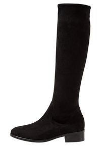 Bottes hautes jusqu'au genou en daim noir avec un bout arrondi et un talon bloc. Design épuré avec une texture lisse, sans fermetures ni ornements visibles.
