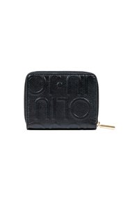 Portafoglio in pelle nera con texture, decorato con motivi circolari in rilievo e una zip dorata sul lato destro.