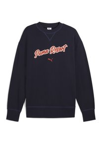 Sudadera azul marina de algodón, con un logo rojo de "Puma Resort" y un pequeño emblema de Puma, con puños y dobladillo de canalé.