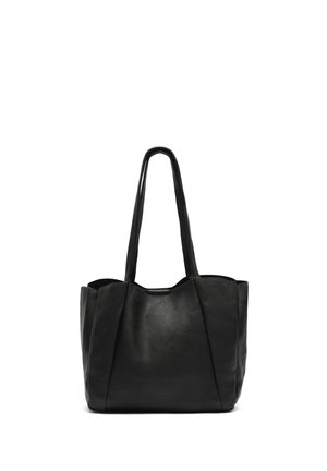 Borsa a spalla in pelle nera con due manici lunghi, morbida al tatto, design aperto e un corpo ampio e spazioso per un facile accesso.