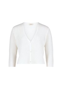 Bílý žebrovaný cardigan s výstřihem do V, s knoflíkovým zapínáním vpředu a zkrácenou délkou. Vyroben z měkkého materiálu, s dlouhými rukávy.