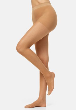 Nude durchsichtige Strumpfhose mit glatter, glänzender Textur und hohem Bund, die das Bein von den Zehen bis zur Mitte des Oberschenkels bedeckt.