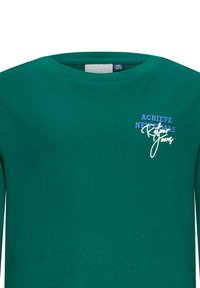 Felpa verde in cotone con scollo rotondo, maniche lunghe e grafiche testuali in bianco e blu sulla zona del petto.
