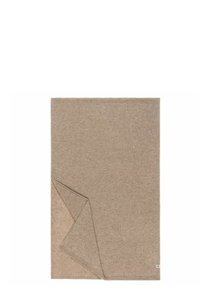 Beige, double-sided blanket with a soft texture, featuring a folded corner. One side is smooth, and the other has a slightly fuzzy finish.
