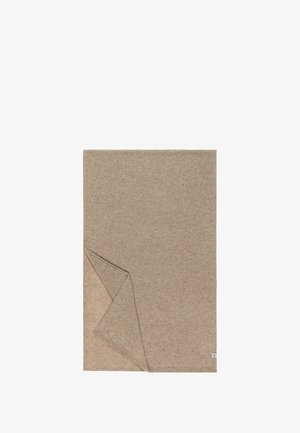 Beige, double-sided blanket with a soft texture, featuring a folded corner. One side is smooth, and the other has a slightly fuzzy finish.