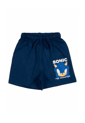 Marineblaue Shorts mit elastischem Bund und Kordelzug, mit einem Grafikdruck von Sonic the Hedgehogs Gesicht und dem Text "SONIC THE HEDGEHOG" auf einem Bein.