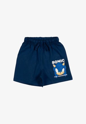 Pantaloncini con cintura elastica blu navy e coulisse, con grafica del volto di Sonic the Hedgehog e testo "SONIC THE HEDGEHOG" su una gamba.