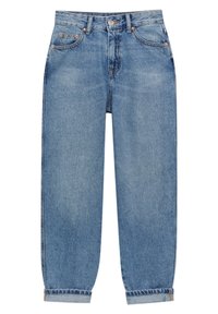 Jean en denim bleu clair taille haute avec poches à l'avant, fermeture par bouton et zip, et ourlets retroussés.
