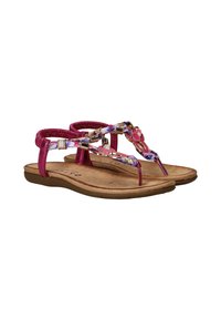 Roze sandalen met een bloempatronen band, metalen accenten en een zachte, gevoerde zool, ontworpen voor casual gebruik.