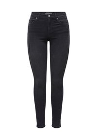 Musta skinny-farkut, jotka on valmistettu denimistä. Niissä on kapea istuvuus, keskikorkea vyötärö, klassinen viiden taskun malli ja kulutettu yksityiskohta vasemmassa reidessä.