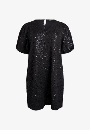 Black sequin dress with a V-neck and short puff sleeves. Features a keyhole back detail and a loose, flowing silhouette.