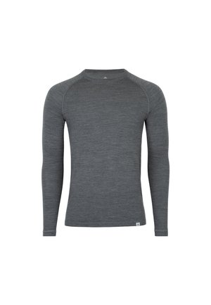 Grijs shirt met lange mouwen van textuurrijk stof met een ronde hals, raglanmouwen en een klein logo-accent aan de onderzijde van de linker zoom.