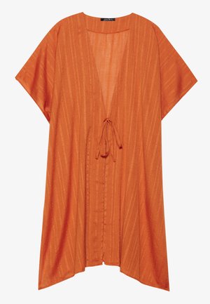 Πορτοκαλί μανδύας σε στυλ κιμόνο από ελαφρύ ύφασμα, με βαθύ V-λαιμό, κλείσιμο με κορδόνι και κατακόρυφο σχέδιο ρίγας.