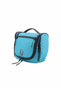 Blue fabric crossbody bag with a black zipper, top handle, and logo. Features a front zip pocket and textured surface. Compact design.