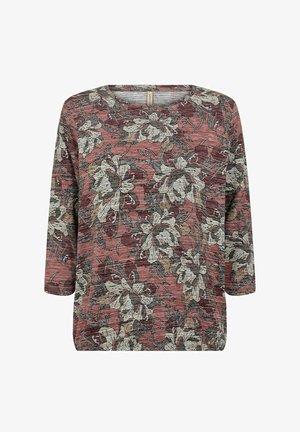 Maroon floral long-sleeve top with a round neckline. Features a textured fabric with white and green floral patterns throughout.
