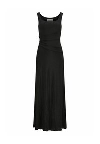Schwarzes ärmelloses Maxikleid mit Rundhalsausschnitt, gerafftem Detail an der Taille und einem fließenden Rock, aus dehnbarem Material gefertigt.