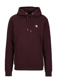 Bordeaux hoodie van zachte stof met een voorkeurszak, verstelbare trekkoord capuchon en een klein logo op de bovenste linkerzijde.