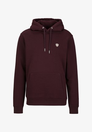 Burgunderfarbene Kapuzenpullover aus weichem Stoff mit einer Fronttasche, verstellbarem Kordelzug an der Kapuze und einem kleinen Logo auf der oberen linken Seite.