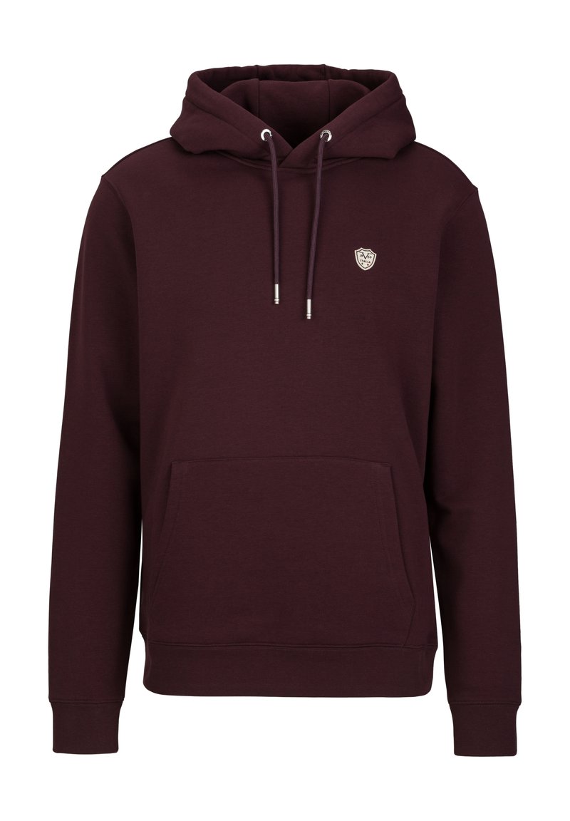 Bordeaux hoodie van zachte stof met een voorkeurszak, verstelbare trekkoord capuchon en een klein logo op de bovenste linkerzijde.