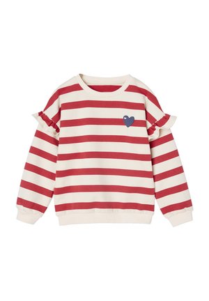 Long-sleeve cream sweater with red horizontal stripes, ruffle detail on shoulders, and small navy blue heart on left chest.
