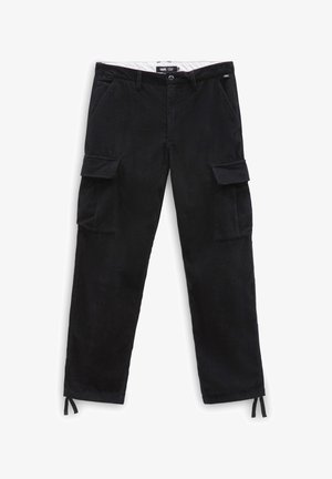 Schwarze Cord-Cargohosen mit seitlichen Klappentaschen, Knopfverschluss, Gürtelschlaufen und Kordelzügen an den Beinabschlüssen.