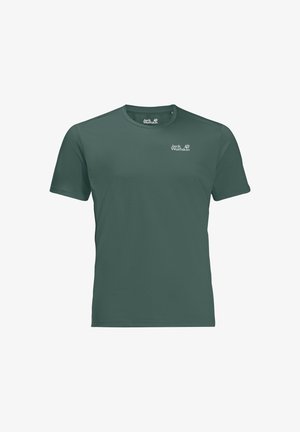 Donkergroen T-shirt met korte mouwen en ronde hals, voorzien van een klein wit Jack Wolfskin-logo op de linkerborst en binnen in de kraag.