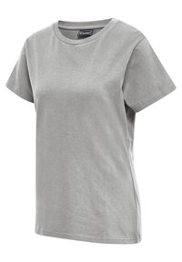 Lichtgrijze T-shirt met korte mouwen en een ronde hals met een klein zwart label dat aan de binnenkant van de hals is genaaid.