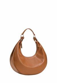 Borsa hobo in pelle marrone con una forma curva, caratterizzata da un manico annodato e dettagli metallici, superficie liscia e chiusura con zip.