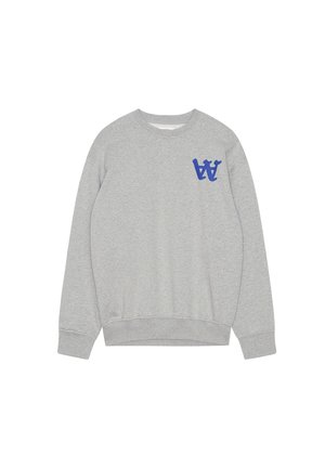 Gray sweatshirt made of cotton blend, featuring a crew neck, ribbed cuffs, and a blue logo on the left chest area.