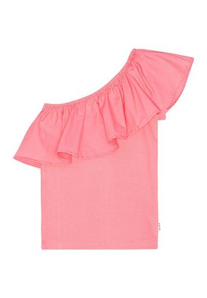 Top rosa a spalla unica con manica a ruches. Realizzato in tessuto leggero, presenta una texture liscia e una silhouette aderente.