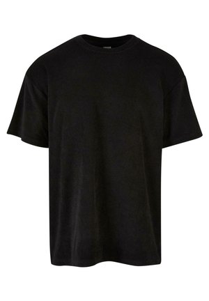 Tricou din bumbac negru, cu mâneci scurte, guler rotund, croi lejer și textură netedă. Nu are modele sau detalii suplimentare vizibile.