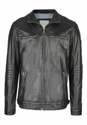 Must mustäkk nahkjakk, millel on lukk ees, kaks lukuga rinna taskut, küljetaskud ja tikandiga õlavarre detailid. Sile tekstuur ja kasukujuline disain.