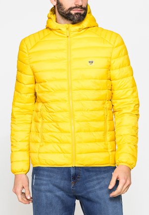 Uomo che indossa una giacca imbottita gialla brillante con cappuccio e tasche con cerniera e jeans blu, rivolto leggermente a sinistra.