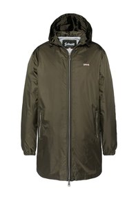 Olijf groene, lichte regenjas met een capuchon, voorrits, twee zijzakken, elastische manchetten en een klein logo op de borst.