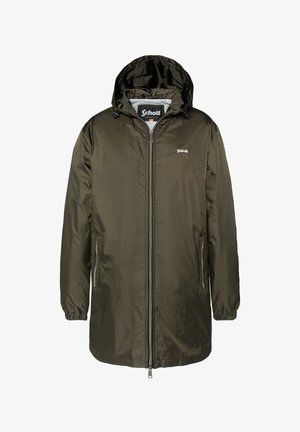 Olijf groene, lichte regenjas met een capuchon, voorrits, twee zijzakken, elastische manchetten en een klein logo op de borst.