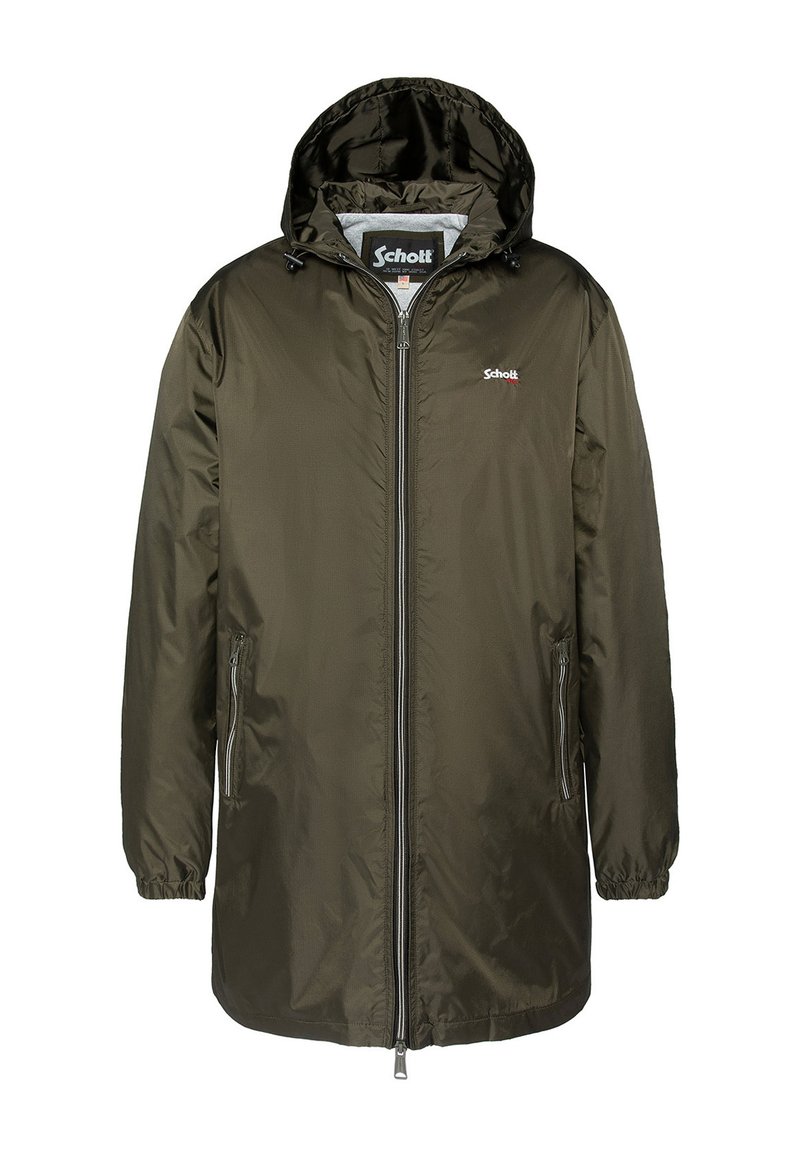 Olijf groene, lichte regenjas met een capuchon, voorrits, twee zijzakken, elastische manchetten en een klein logo op de borst.
