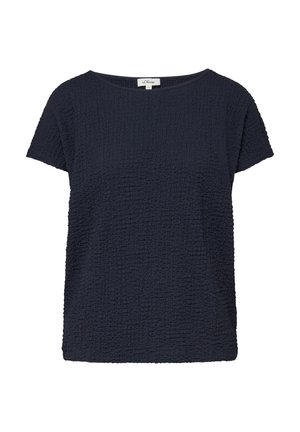 Krótkodruga, teksturowana bluzka damska w kolorze granatowym z okrągłym dekoltem, wykonana z pofałdowanej tkaniny, oznaczona jako s.Oliver rozmiar M.