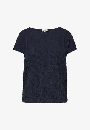 Krótkodruga, teksturowana bluzka damska w kolorze granatowym z okrągłym dekoltem, wykonana z pofałdowanej tkaniny, oznaczona jako s.Oliver rozmiar M.