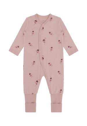 Tutina rosa a maniche lunghe per neonati con bottoni a pressione e un motivo di piccole ballerine in varie pose su tutta la stoffa.