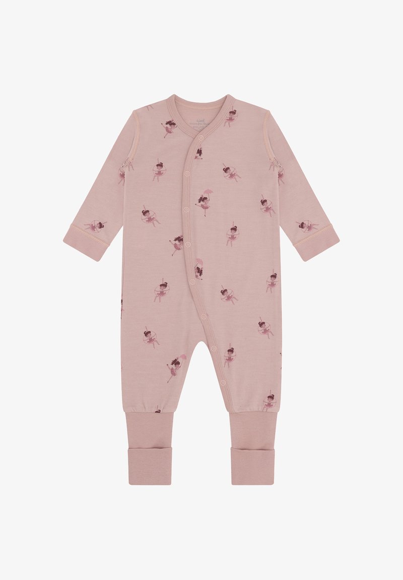Rosa langärmliger Babystrampler mit Druckknöpfen und einem Muster aus kleinen Ballerinas in verschiedenen Posen über den Stoff verteilt.